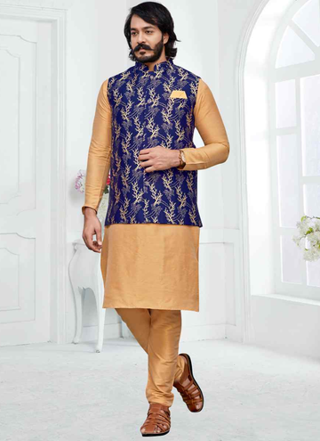 Cream Woven Art Silk Kurta Blue Jacket With Churidar Pyjama